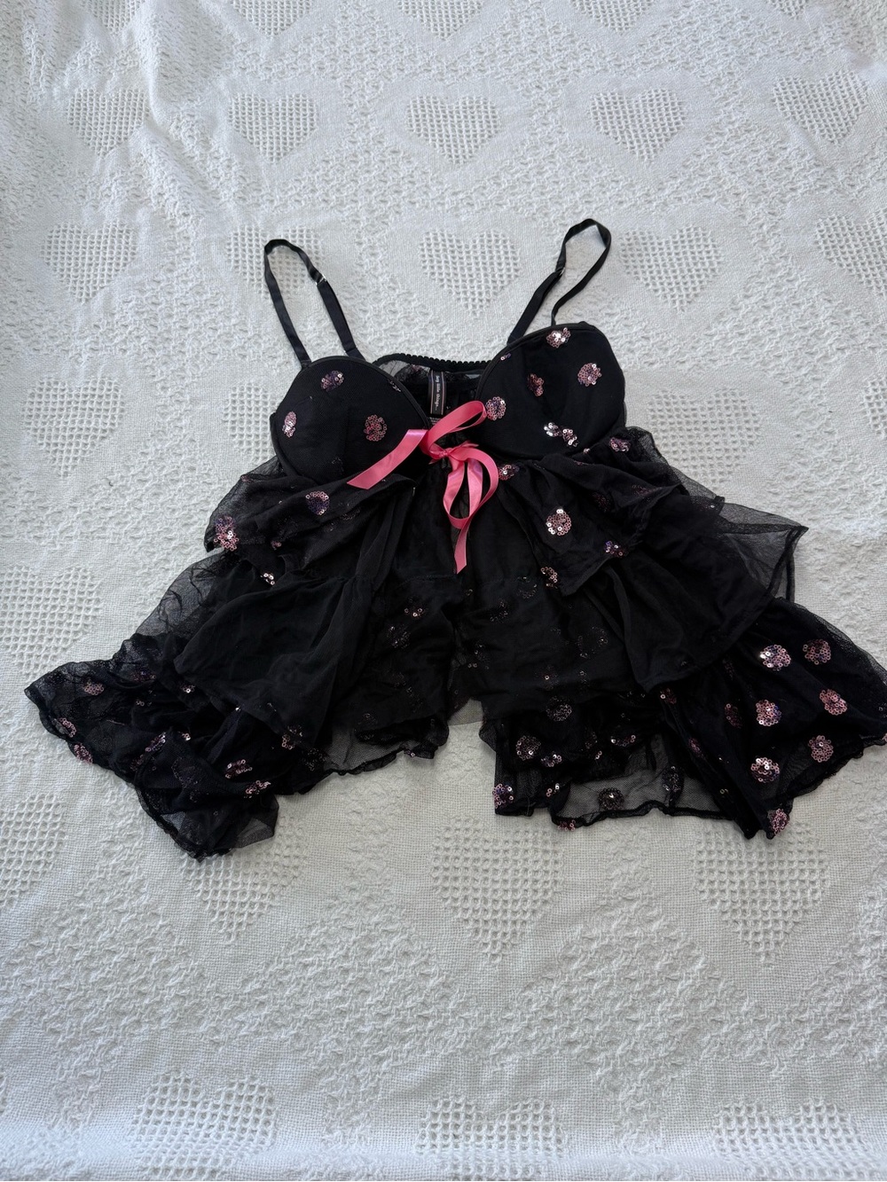 Victoria’s Secret Sexy Little Things Black Ruffle and Pink Sequin Babydoll (34C)